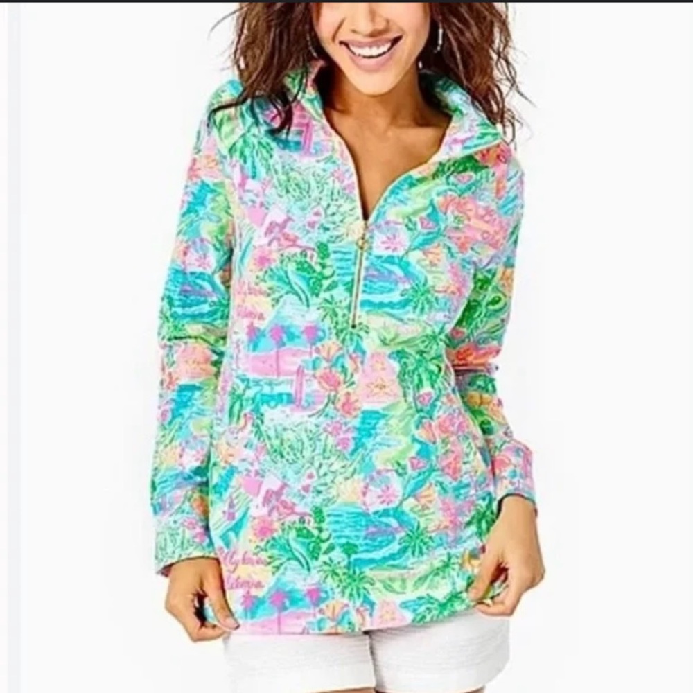 Lilly Pulitzer Skipper Pop Over Pink and Green Tropical Top